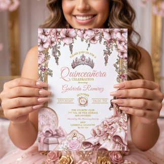 Gold- und Rosé-goldene Tiara Florale Quinceañera Einladung