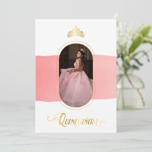 Gold und Rose Rosa Foto Quinceanera Einladung (Stehend Vorderseite)