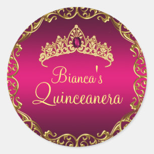 Gold- und Roségestein-Tiara-Quinceanera-Aufkleber Runder Aufkleber