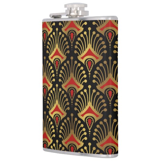 Gold und Rot Art Deco Muster auf schwarz Flachmann (Links)
