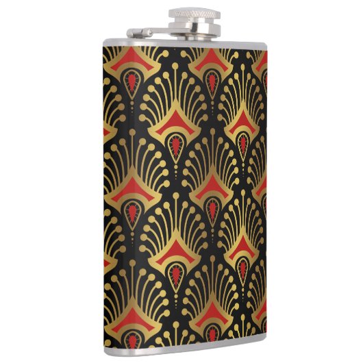 Gold und Rot Art Deco Muster auf schwarz Flachmann (Rechts)
