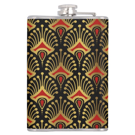 Gold und Rot Art Deco Muster auf schwarz Flachmann (Rückseite)