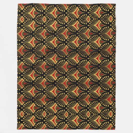 Gold und Rot Art Deco Muster auf schwarz Fleecedecke (Vorderseite)