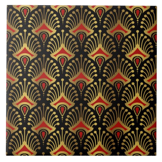 Gold und Rot Art Deco Muster auf schwarz Fliese (Vorderseite)