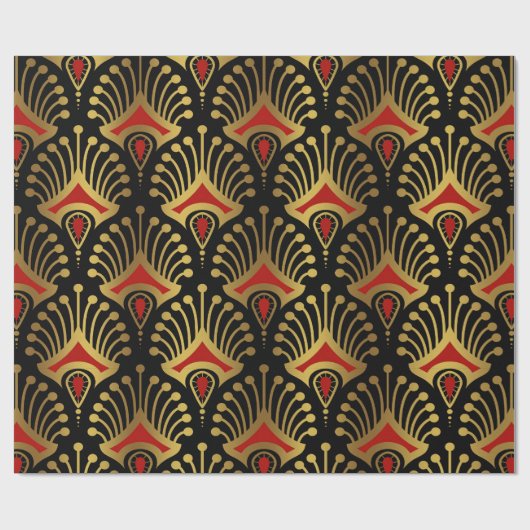 Gold und Rot Art Deco Muster auf schwarz Geschenkpapier (Flach)