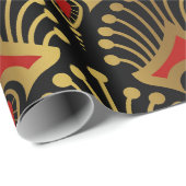 Gold und Rot Art Deco Muster auf schwarz Geschenkpapier (Rolleneckpunkt)