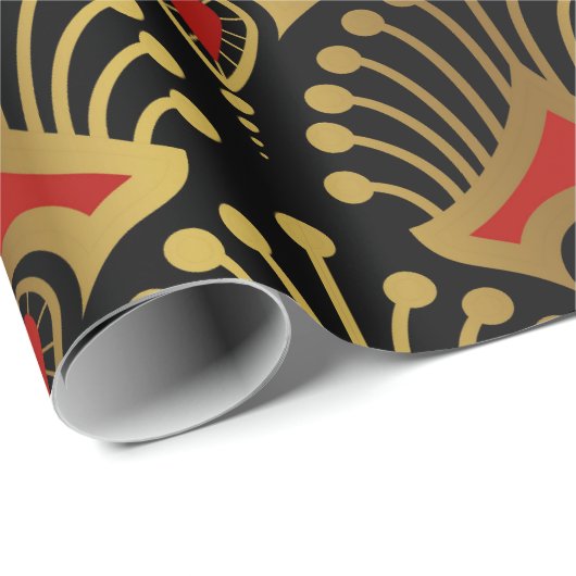 Gold und Rot Art Deco Muster auf schwarz Geschenkpapier (Rolleneckpunkt)