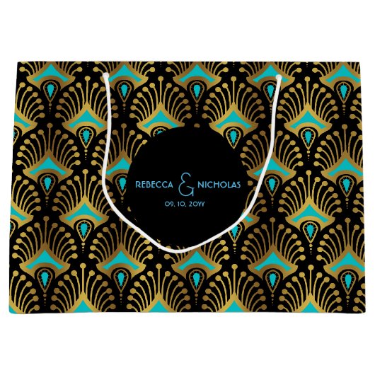 Gold und Rot Art Deco Muster auf schwarz Große Geschenktüte (Vorderseite)