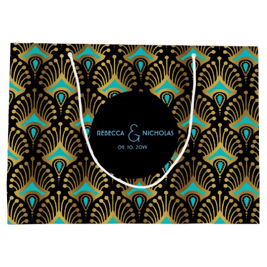 Gold und Rot Art Deco Muster auf schwarz Große Geschenktüte (Rückseite)