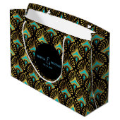 Gold und Rot Art Deco Muster auf schwarz Große Geschenktüte (Rückseite Schrägansicht)