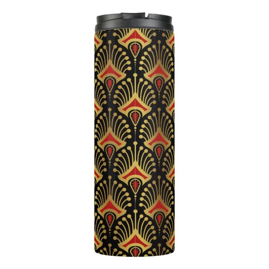 Gold und Rot Art Deco Muster auf schwarz Thermosbecher (Rückseite)