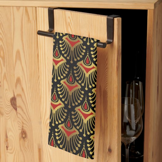 Gold und Rot Art Deco Muster auf schwarzen Küchent Geschirrtuch (Drittel gefaltet)