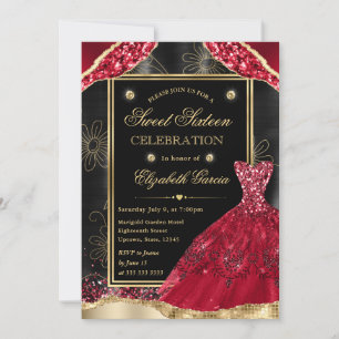 Gold- und Rot glitzerndes Kleid Sweet Sixteen Einladung