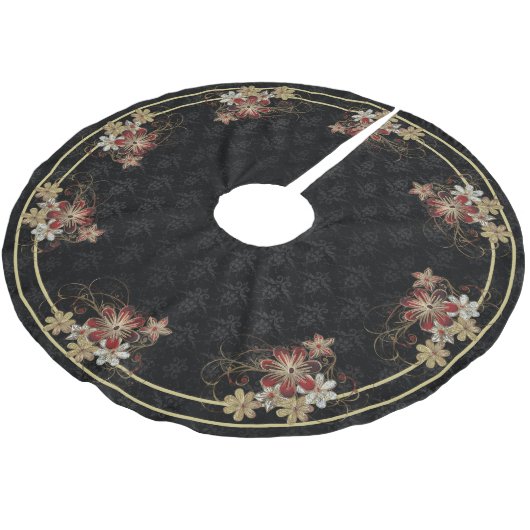 Gold und Rote Blüten Polyester Weihnachtsbaumdecke (Schrägansicht)