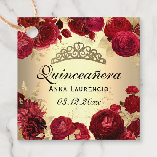 Gold und Rote Rose Quinceanera Party Geschenkanhänger (Vorderseite)