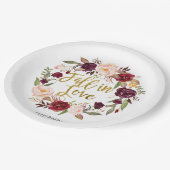 Gold und roter Marsala Blumenfall in Liebe Pappteller (Schrägansicht)