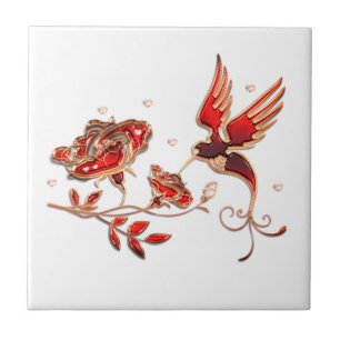 Gold und Roter Schmuck mit Vogel und Rose Tile Fliese