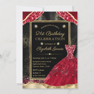 Gold- und rotes Glitterkleid 21. Geburtstagseinlad Einladung