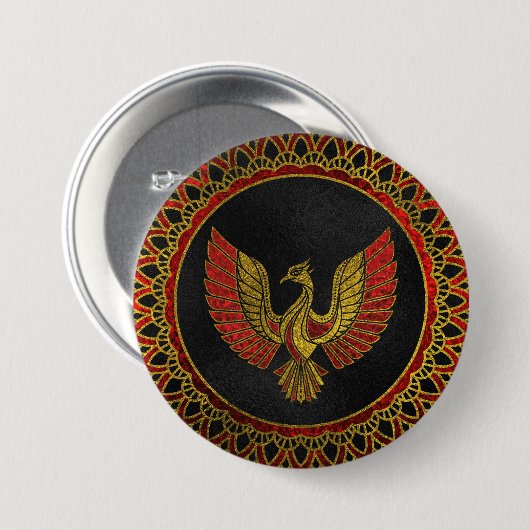 Gold und rotes verziertes Phoenix-Vogelsymbol Button (Vorne & Hinten)