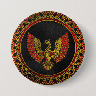 Gold und rotes verziertes Phoenix-Vogelsymbol Button