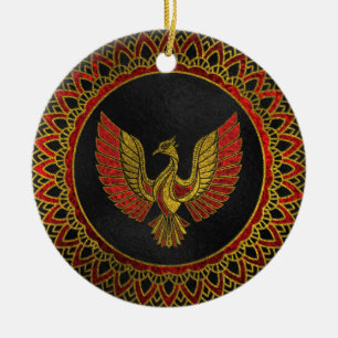 Gold und rotes verziertes Phoenix-Vogelsymbol Keramikornament