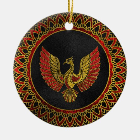 Gold und rotes verziertes Phoenix-Vogelsymbol Keramikornament (Vorne)