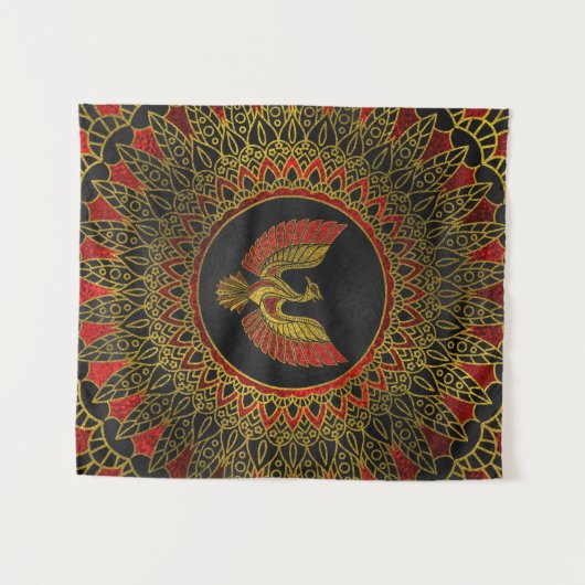 Gold und rotes verziertes Phoenix-Vogelsymbol Wandteppich (Vorderseite (Horizontal))