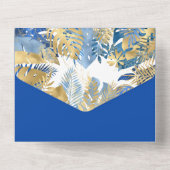 Gold und Royal Blue Tropical Leaf All In One Einladung (Rückseite)