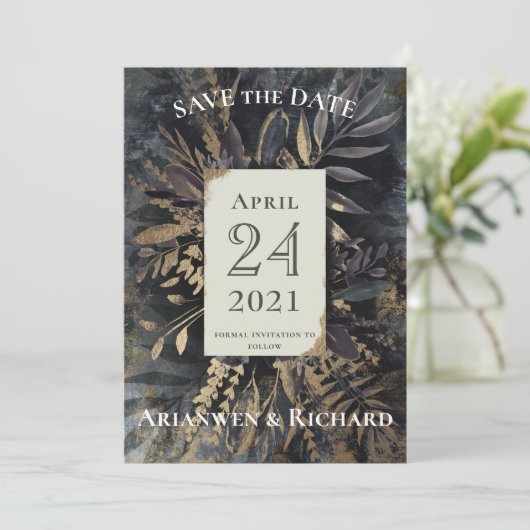 Gold und Schiefer grau Rettete unser Datum Einladung (Stehend Vorderseite)