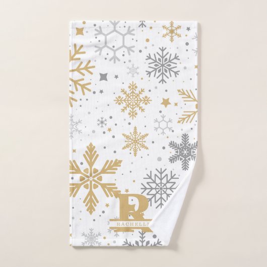 Gold- und Schneeflocken im weißen Hintergrund Badhandtuch Set (Handtuch)