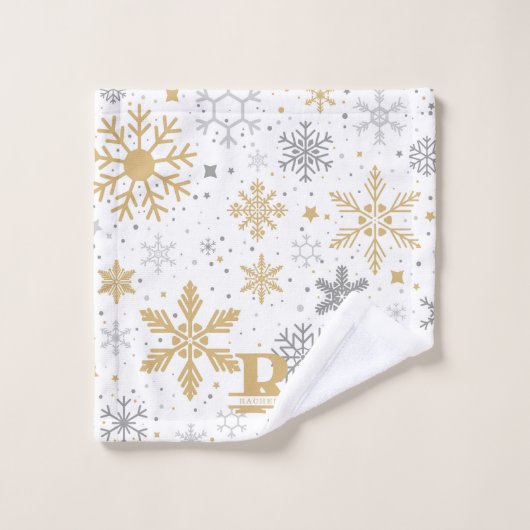 Gold- und Schneeflocken im weißen Hintergrund Badhandtuch Set (Waschlappen)