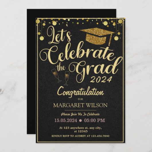 Gold und Schwarz 2024 Abschluss Einladung (Vorne/Hinten)