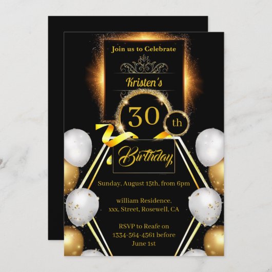 Gold und Schwarz 30. Geburtstag Einladung (Vorne/Hinten)