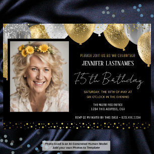 Gold und Schwarz 75. Geburtstag Foto-Einladung Einladung