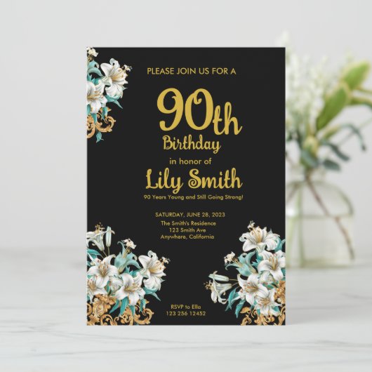 Gold und Schwarz 90. Geburtstag Einladung (Stehend Vorderseite)