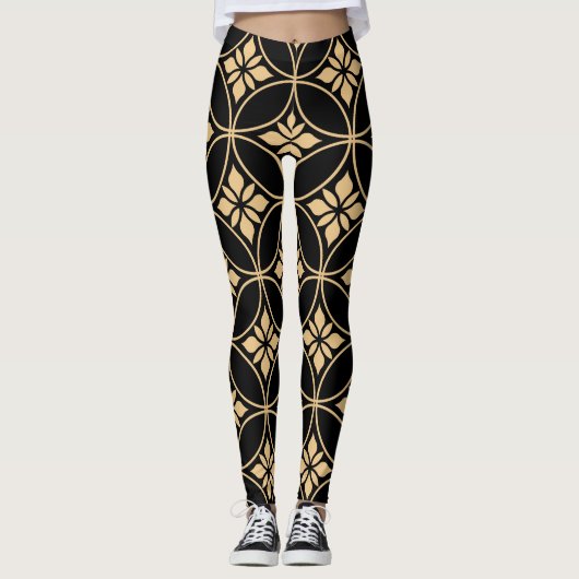 Gold und Schwarz: Abstrakte Blumen Vintag Leggings (Vorderseite)
