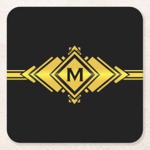 Gold- und Schwarz Art Deco Gürtel Monogramm Rechteckiger Pappuntersetzer