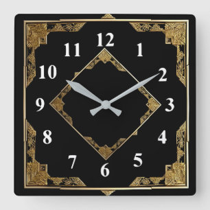 Gold- und Schwarz Art Deco Quadrat Diamant Rahmen Quadratische Wanduhr