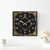 Gold und Schwarz Art Deco Square Diamantrahmen Quadratische Wanduhr (Zuhause)