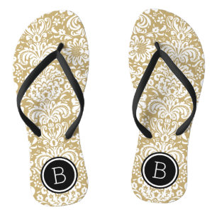 Gold- und Schwarz-Blumen-Damaskus-Monogramm Badesandalen