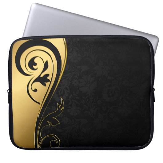 Gold- und Schwarz-Blumen-Design Laptopschutzhülle (Vorderseite)