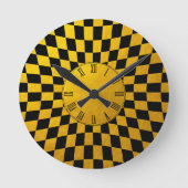 Gold- und Schwarz-Checked-Viereck-Muster / Retro-D Runde Wanduhr (Vorderseite)