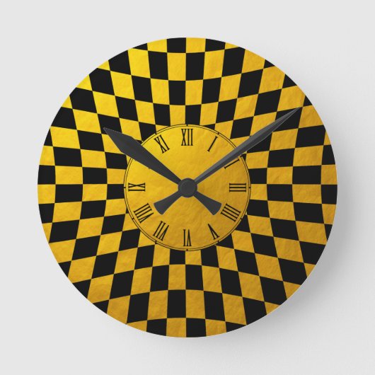 Gold- und Schwarz-Checked-Viereck-Muster / Retro-D Runde Wanduhr (Vorderseite)