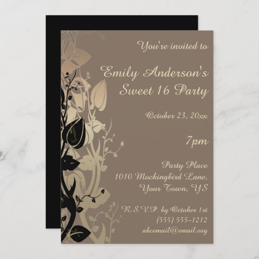 Gold und Schwarz Elegant Sweet 16 Geburtstag Einladung (Vorne/Hinten)