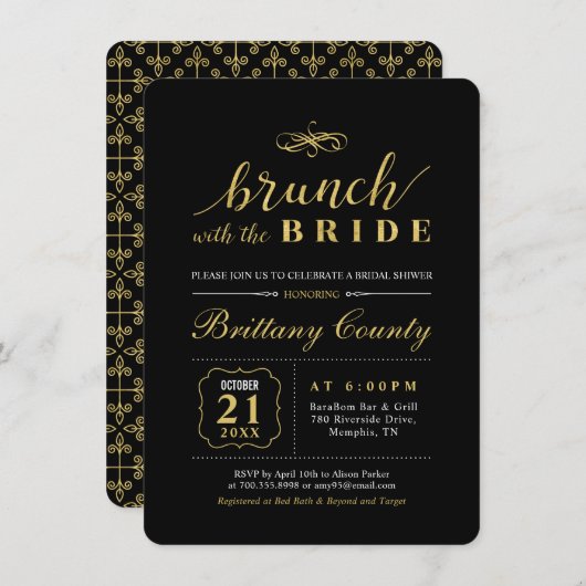 Gold und Schwarz | Elegant Wedding Bridal Brunch Einladung (Vorne/Hinten)