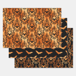 Gold und Schwarz Fledermaus Halloween Damast Geschenkpapier Set