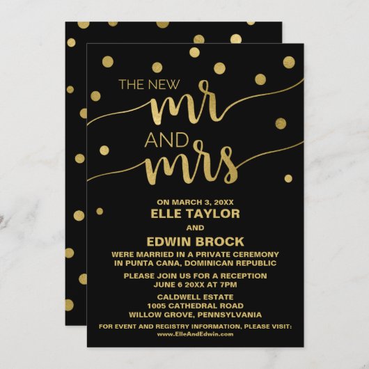 Gold und Schwarz | Glam Elopement Empfang Einladung (Vorne/Hinten)