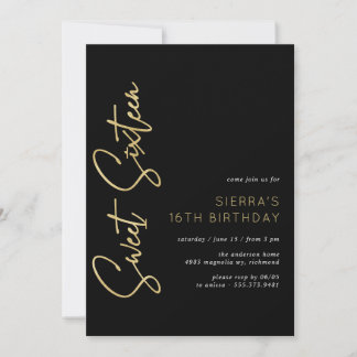 Gold und Schwarz | Modern Sleek Sweet 16 Birthday Einladung