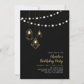 Gold und Schwarz | Modern String Lights Birthday P Einladung (Vorderseite)