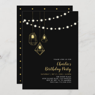 Gold und Schwarz Modern String Lights Birthday P Einladung